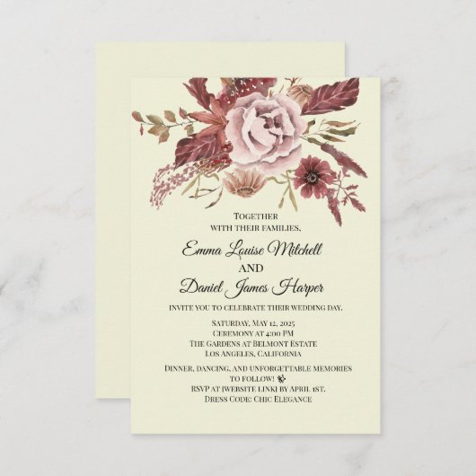 Rustikale Herbstblüten Cremes Hintergrund Wasserfa Einladung (Vorne/Hinten)