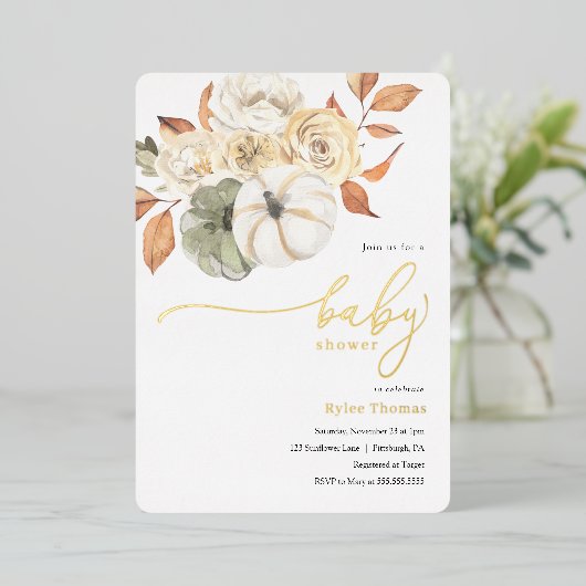 Rustikale Herbstblütendusche Folieneinladung (Stehend vorne)