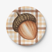 Rustikale Herbstbraun Karierter Fall Acorn Babydus Pappteller (Vorderseite)