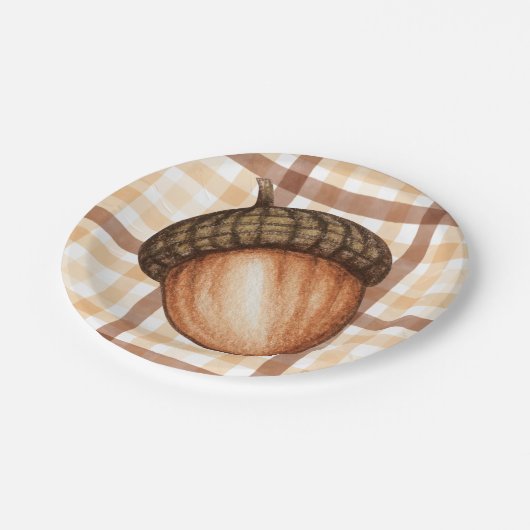 Rustikale Herbstbraun Karierter Fall Acorn Babydus Pappteller (Schrägansicht)