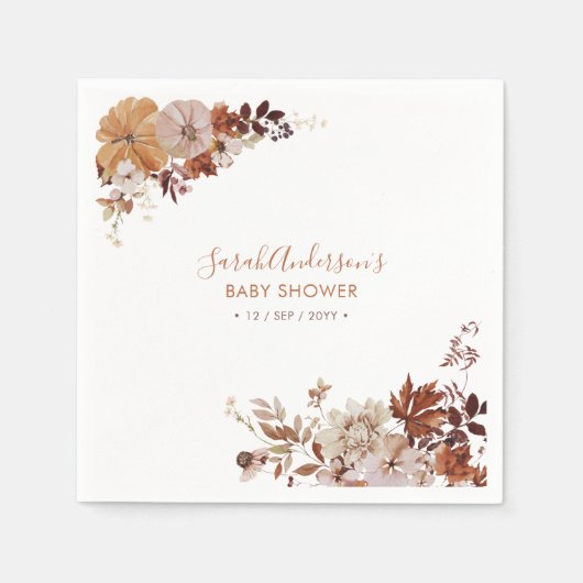 Rustikale Herbstdusche Floral Pumpkin Babydusche N Serviette (Vorderseite)