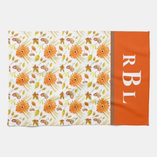 Rustikale Herbsternte Orangefarbene Blumenmonogram Geschirrtuch (Horizontal)