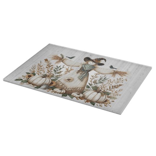 Rustikale Herbsternte Scarecrow mit Pumpkins Schneidebrett (Ecke)