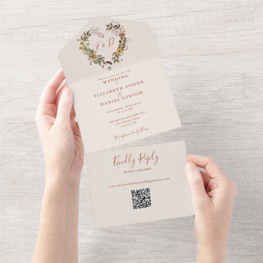 Rustikale Herbstfälle Blumenkohl QR Kodex Hochzeit All In One Einladung (Abreißen)