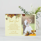 Rustikale Herbstgoldskripte Foto Hochzeit Dankeskarte (Stehend Vorderseite)