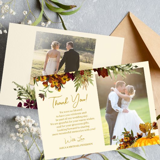 Rustikale Herbstgoldskripte Foto Hochzeit Dankeskarte