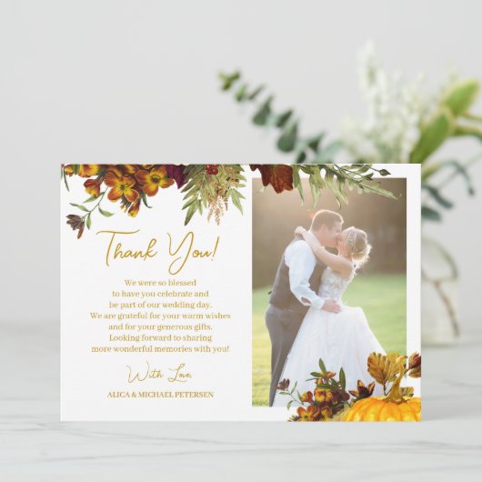 Rustikale Herbstgoldskripte Foto Hochzeit Dankeskarte (Stehend Vorderseite)
