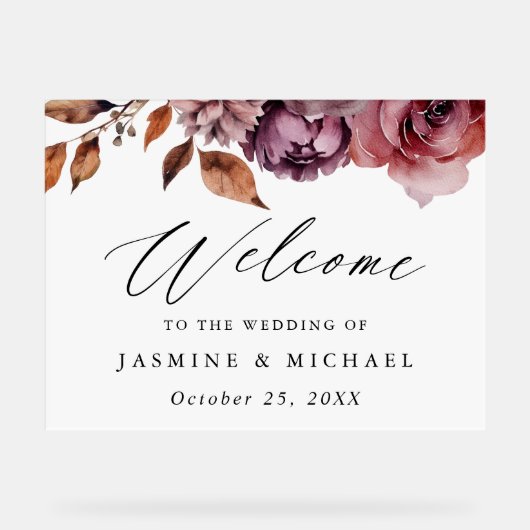 Rustikale Herbsthochzeit Marsala Floral Begrüßung Acrylschild (Vorderseite)