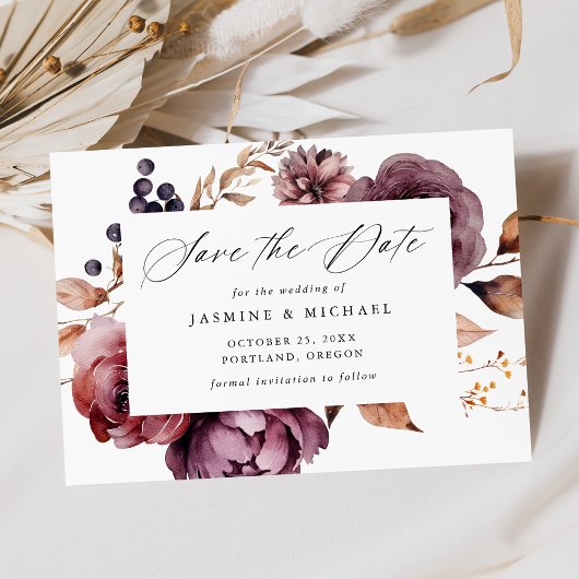 Rustikale Herbsthochzeit Marsala Floral Calligraph Save The Date