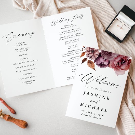 Rustikale Herbsthochzeit Marsala Floral Wedding Programm