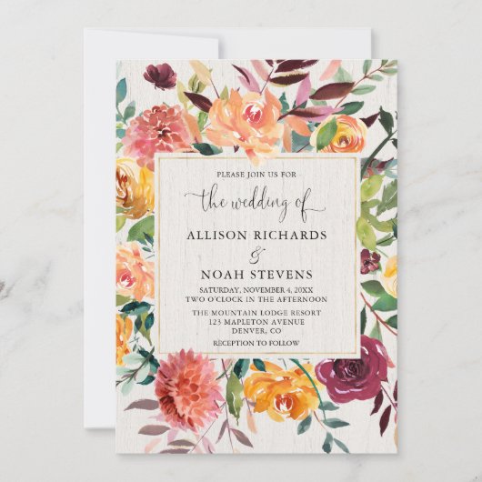 Rustikale Herbsthochzeit mit Blumen Einladung (Vorderseite)