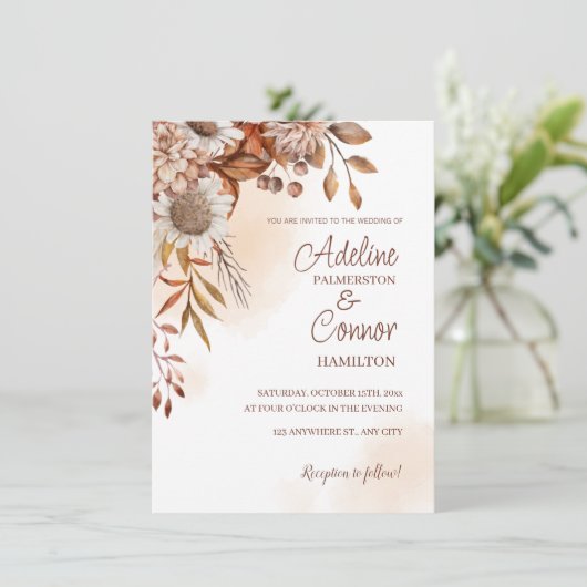Rustikale Herbsthochzeit mit Blumendesign Einladung (Stehend Vorderseite)