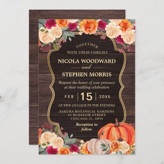 Rustikale Herbsthochzeit Orange Pumpkin Blumenzuch Einladung (Vorne/Hinten)