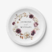 Rustikale Herbsthochzeit von Marsala Floral Wreath Pappteller (Vorderseite)