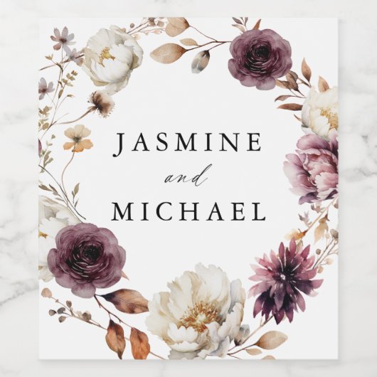 Rustikale Herbsthochzeit von Marsala Floral Wreath Weinetikett (Einzelnes Label)