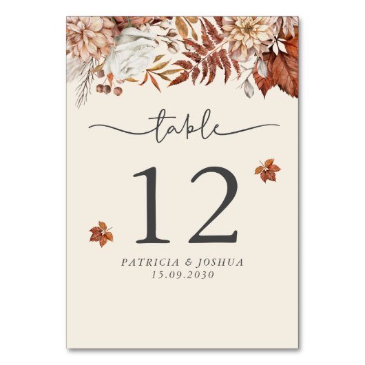Rustikale Herbsthochzeitkarte Tischnummer (Vorderseite)