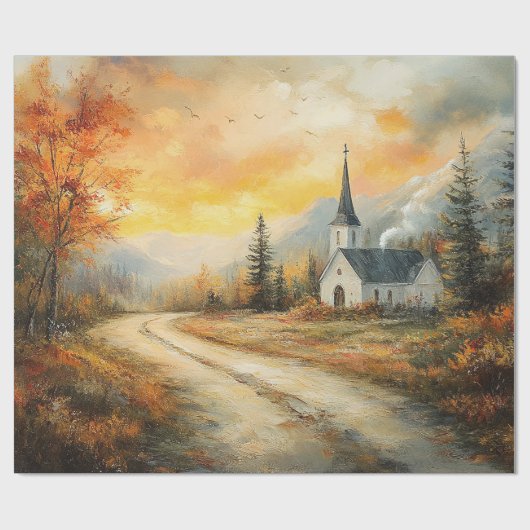Rustikale Herbstkirche Aquarellmalerei Dekoupage Geschenkpapier (Flach)