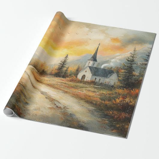 Rustikale Herbstkirche Aquarellmalerei Dekoupage Geschenkpapier (Ungerollt)