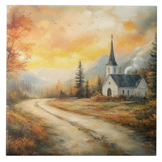 Rustikale Herbstkirche Aquarellmalerei Fliese (Vorderseite)