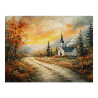 Rustikale Herbstkirche Aquarellmalerei Poster