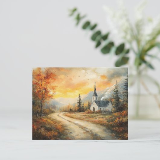 Rustikale Herbstkirche Aquarellmalerei Postkarte (Stehend Vorderseite)