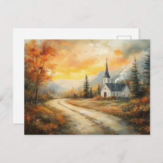Rustikale Herbstkirche Aquarellmalerei Postkarte (Vorne/Hinten)