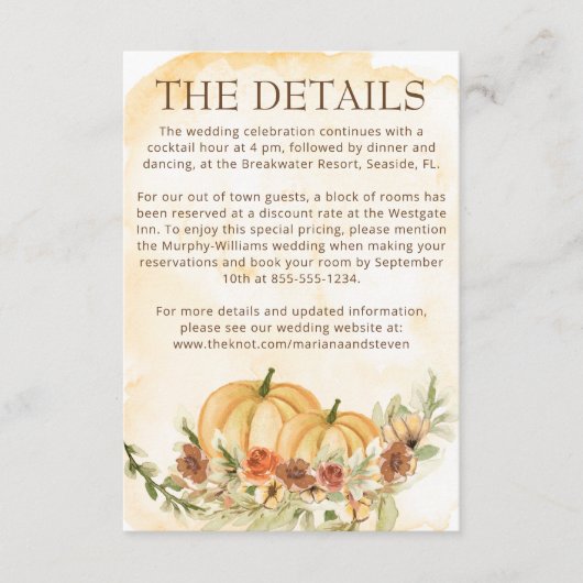 Rustikale Herbstkuppeldetails Hochzeit Begleitkarte (Vorderseite)