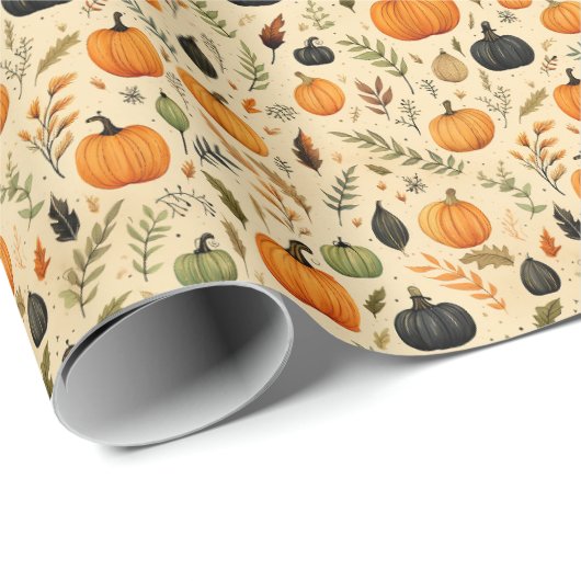 Rustikale Herbstkürbisse und Blätter in herbstlich Geschenkpapier (Rolleneckpunkt)