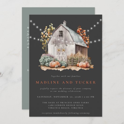 Rustikale Herbstlandleuchten in einer Hochzeit Einladung (Vorne/Hinten)