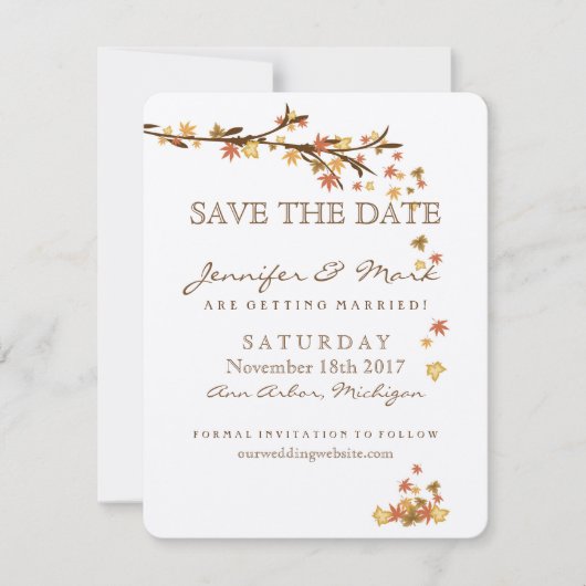 Rustikale Herbstlaub beim Hochzeitstag speichern d Save The Date (Vorderseite)