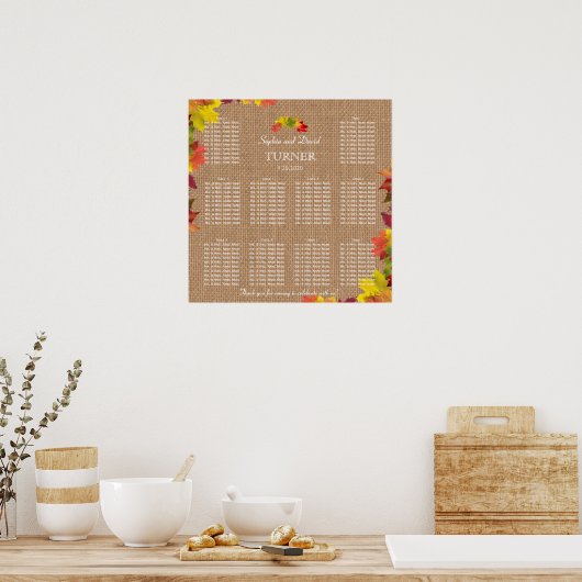 Rustikale Herbstlaub Burlap-Hochzeitstabelle Poster (Küche)