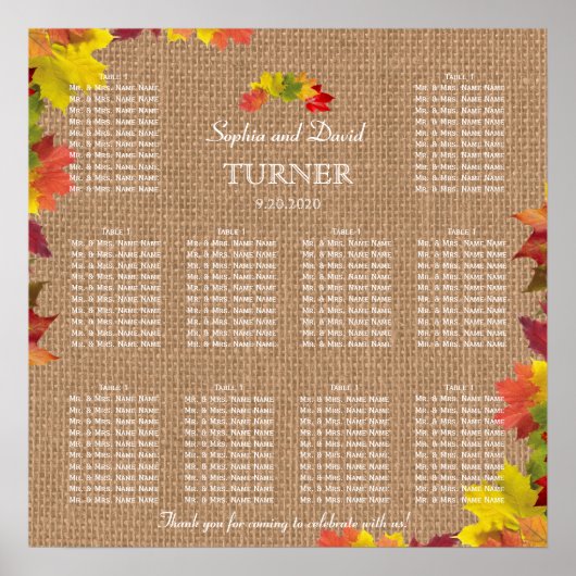 Rustikale Herbstlaub Burlap-Hochzeitstabelle Poster (Vorne)