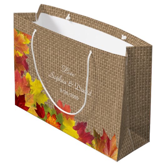 Rustikale Herbstlaub Burlap Wedding Große Geschenktüte (Rückseite Schrägansicht)
