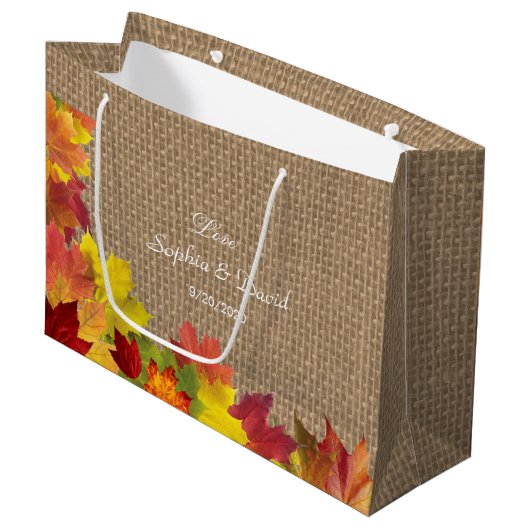 Rustikale Herbstlaub Burlap Wedding Große Geschenktüte (Vorderseite Schrägansicht)