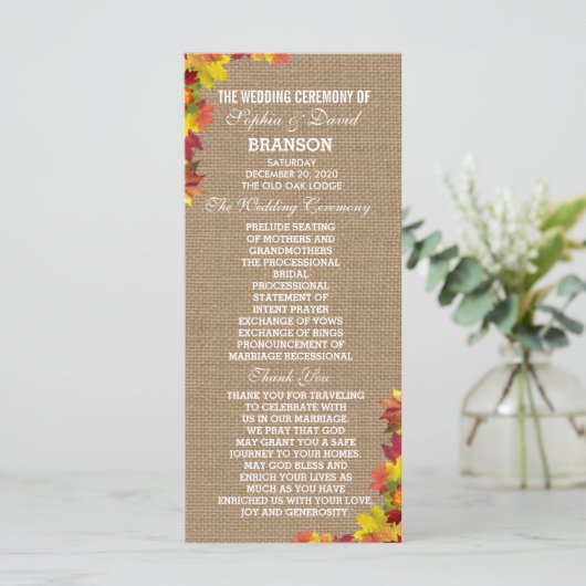 Rustikale Herbstlaub Burlap Wedding Programm maßge (Stehend Vorderseite)