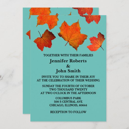 Rustikale Herbstlaub Burnt Orange Aquamarin Blue W Einladung (Vorne/Hinten)