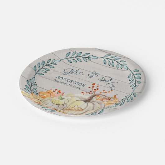 Rustikale Herbstlaub, die Wasserfarbenkürbis hochz Pappteller (Schrägansicht)