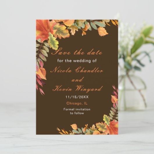 Rustikale Herbstlaub im Herbst Hochzeitsempfang Save The Date (Stehend Vorderseite)