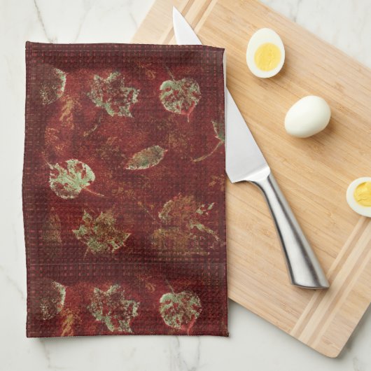 Rustikale Herbstlaub Primitive Gingham Tile Burgun Geschirrtuch (Viertel Falte)