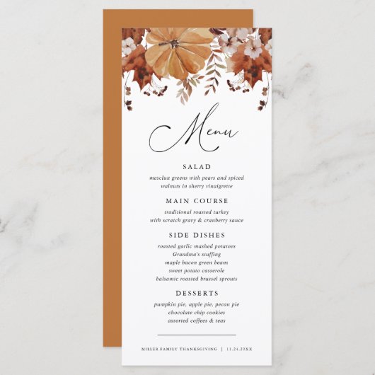 Rustikale Herbstlaub Pumpkin Erntedank Dinner Menükarte (Vorne/Hinten)