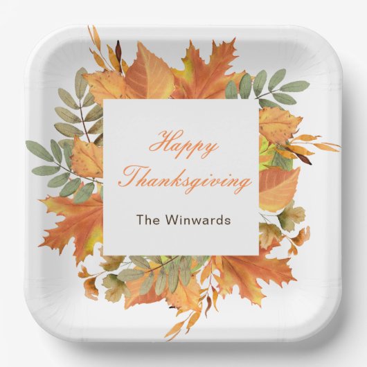 Rustikale Herbstlaub-Quadrat-Thanksgiving Pappteller (Vorderseite)