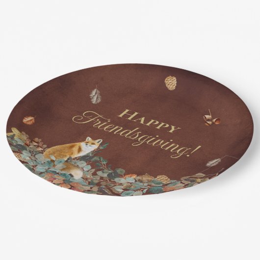 Rustikale Herbstlaub und Fox Friendsgiving Pappteller (Schrägansicht)