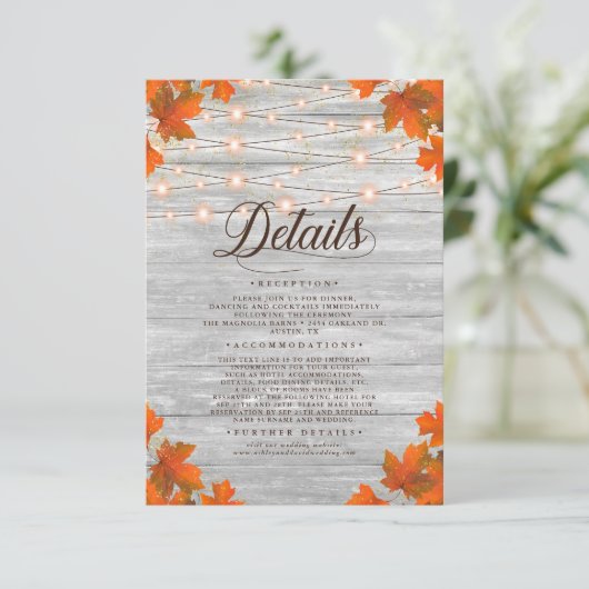 Rustikale Herbstlaube und Lichter für Hochzeiten Begleitkarte (Stehend Vorderseite)