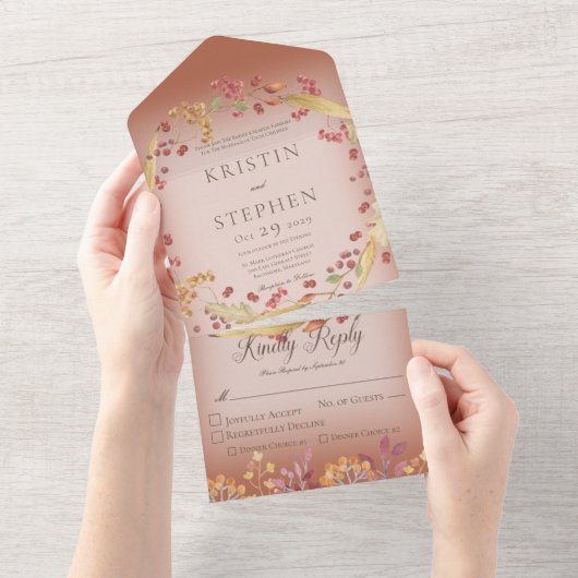 Rustikale Herbstleaf & Berry Wreath Rust Abendesse All In One Einladung (Abreißen)