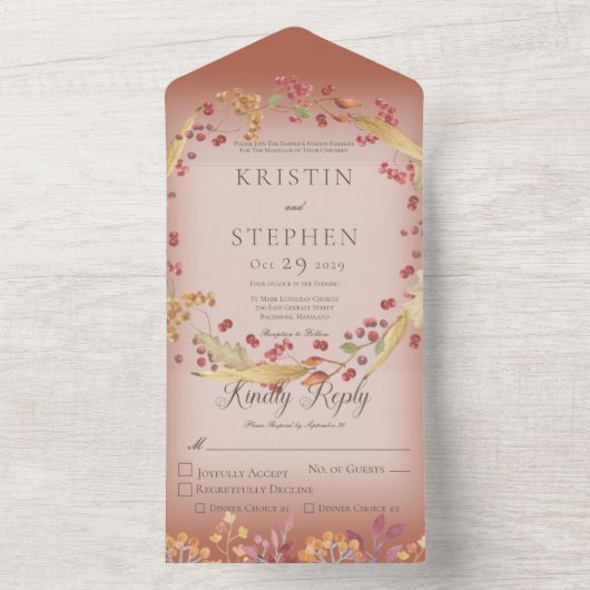 Rustikale Herbstleaf & Berry Wreath Rust Abendesse All In One Einladung (Innen Boden)