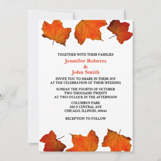 Rustikale Herbstleaf Burnt Orange Maple White Wedd Einladung (Vorderseite)