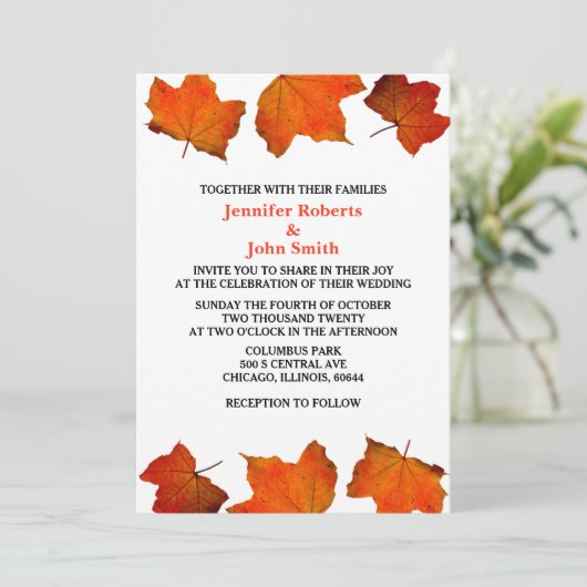 Rustikale Herbstleaf Burnt Orange Maple White Wedd Einladung (Stehend Vorderseite)