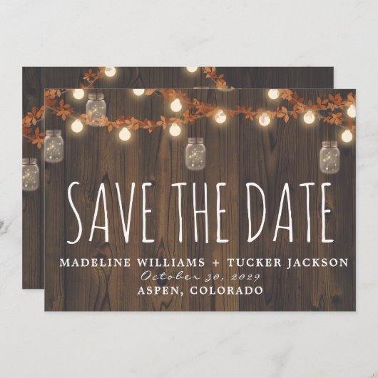 Rustikale Herbstleuchten und Blätter Save the Date Ankündigung (Vorne/Hinten)