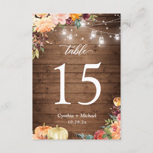 Rustikale Herbstlichter Hochzeitsstimmung Tischnum RSVP Karte (Rückseite)