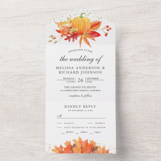 Rustikale Herbstmaple-Blätter Pumpkineseihe All In One Einladung (Innen Boden)